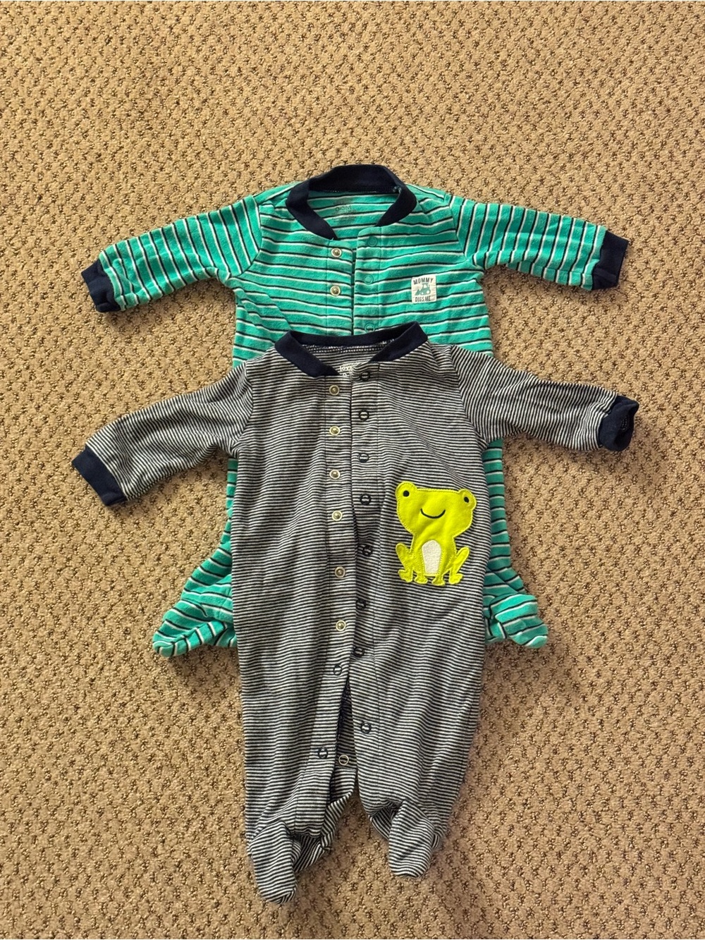 Striped Footed One-Piece Set with Frog Applique - Gray & Teal